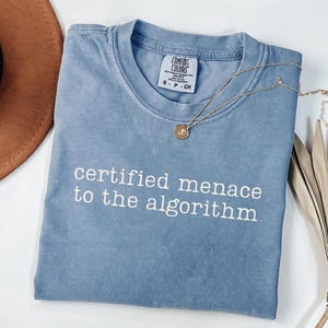 May include: A blue t-shirt with the text "certified menace to the algorithm" in white. A gold necklace with a pendant rests on the shirt. A brown hat and dried plant are also in the image.