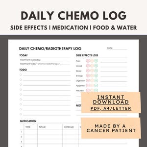 Afdrukbaar symptoomlogboek chemotherapie, dagelijkse chemotracker, afdrukbaar symptomenlogboek radiotherapie, planner voor kankerbehandeling, pdf-bestand kankerdagboek