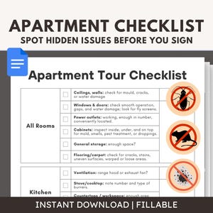 以下が含まれることがあります： 「APARTMENT CHECKLIST SPOT HIDDEN ISSUES BEFORE YOU SIGN」のテキストが入った、アパートツアーチェックリストの印刷可能なドキュメント。チェックリストには、すべての部屋とキッチンセクションが含まれています。