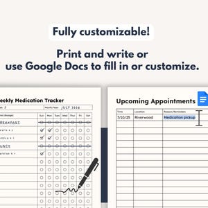 May include: A customizable medication tracker and appointment schedule. The medication tracker includes space for dosage and days of the week. The appointment schedule has fields for time, location, and reminders. The text says, "Fully customizable! Print and write or use Google Docs to fill in or customize."