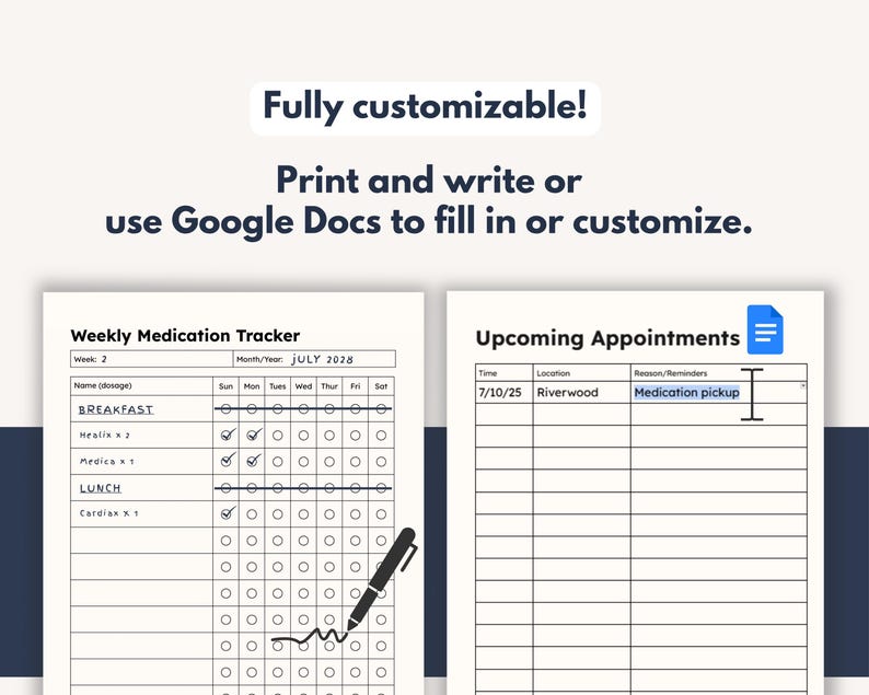 May include: A customizable medication tracker and appointment schedule. The medication tracker includes space for dosage and days of the week. The appointment schedule has fields for time, location, and reminders. The text says, "Fully customizable! Print and write or use Google Docs to fill in or customize."