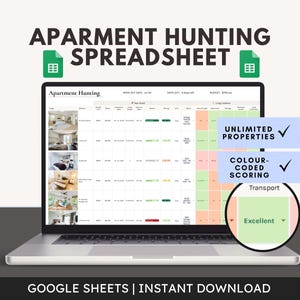 May include: A laptop displays an apartment hunting spreadsheet. The screen shows a table with property details, color-coded scoring, and the text "Unlimited Properties." The words "Apartment Hunting Spreadsheet" are at the top.