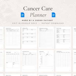 May include: A white Cancer Care Planner with various pages for tracking appointments, symptoms, and schedules. The planner includes the text "Cancer Care Planner" and "Made by a Chemo Patient."