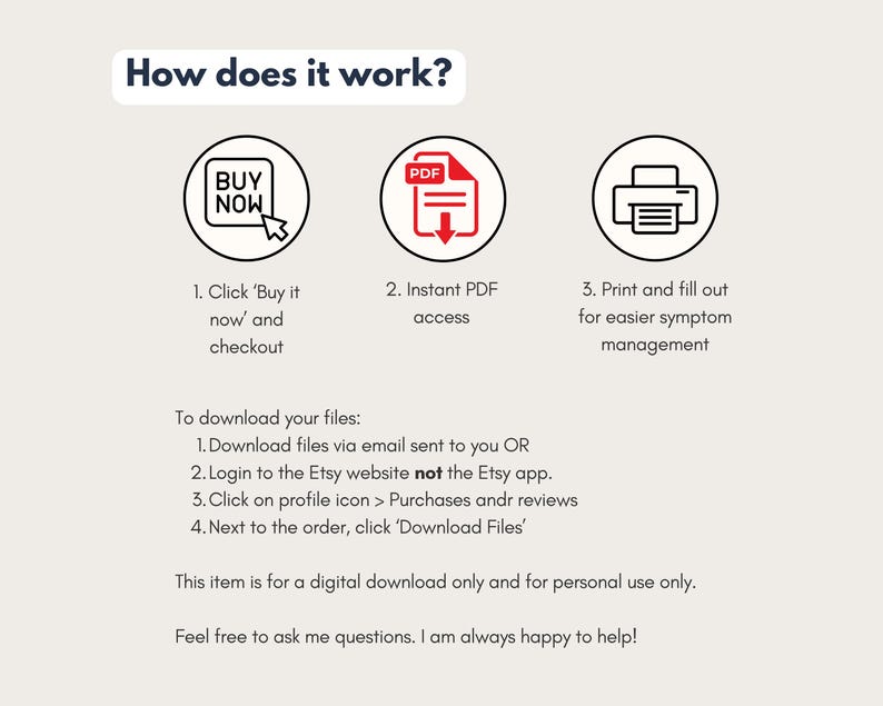 May include: A graphic with the text "How does it work?" and instructions for downloading digital files. The steps include buying, accessing a PDF, and printing. The image also includes the text "Buy Now".