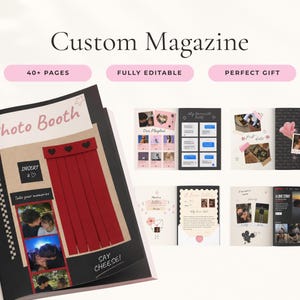 Op de afbeelding: Een aanpasbaar tijdschriftsjabloon met meer dan 40 pagina's en bewerkbare lay-outs. Het ontwerp bevat een fotohokje-thema met rode gordijnen, de tekst Photo Booth en Say Cheese, en diverse plakboekpagina's met foto's, afspeellijsten en brieven.