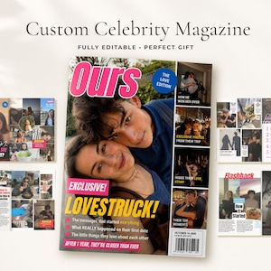 以下が含まれることがあります： Oursというタイトルのカスタム雑誌テンプレート。カップルの表紙写真、Lovestruckというテキスト、写真コラージュ、テキストブロック、FlashbackやA Love Storyといった見出しを含む様々な内ページのレイアウトが特徴で、パーソナライズされたギフトに適しています。