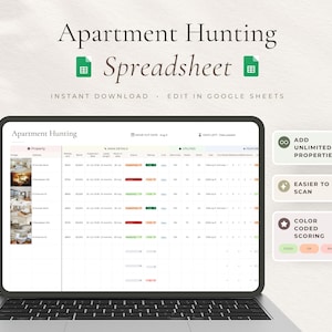 May include: A laptop displays a spreadsheet titled "Apartment Hunting." The spreadsheet includes property details, move-out dates, and utilities. Additional features include the ability to add unlimited properties, easier scanning, and color-coded scoring.