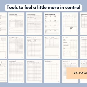 May include: A collection of printable planner pages with various layouts for tracking health and wellness. The pages include trackers for insurance, habits, income, medication, and appointments. The text "Tools to feel a little more in control" is at the top. The image shows 25 pages.