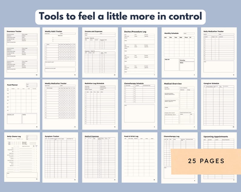 May include: A collection of printable planner pages with various layouts for tracking health and wellness. The pages include trackers for insurance, habits, income, medication, and appointments. The text "Tools to feel a little more in control" is at the top. The image shows 25 pages.