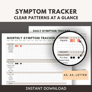 Puede incluir: Un rastreador de síntomas imprimible con el texto "SYMPTOM TRACKER CLEAR PATTERNS AT A GLANCE". El rastreador incluye secciones para el seguimiento mensual y diario de síntomas, con espacio para registrar síntomas y desencadenantes.