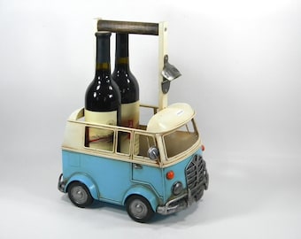 Carrito de vino de metal con diseño de furgoneta azul
