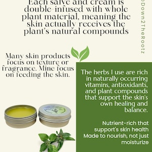 K&ouml;nnte beinhalten: Das Bild zeigt zwei kleine Metallt&ouml;pfe mit Salbe und Creme, zusammen mit frischen gr&uuml;nen Kr&auml;utern. Der Text hebt die Verwendung nat&uuml;rlicher Pflanzenstoffe f&uuml;r die Hautgesundheit hervor und betont die Pflege.
