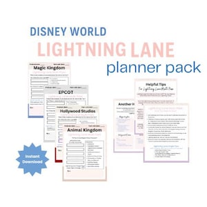 Puede incluir: Un paquete de planificador de Disney World Lightning Lane, con formularios para Magic Kingdom, EPCOT, Hollywood Studios y Animal Kingdom. Incluye consejos útiles y una opción de descarga instantánea. Texto en azul y rosa.