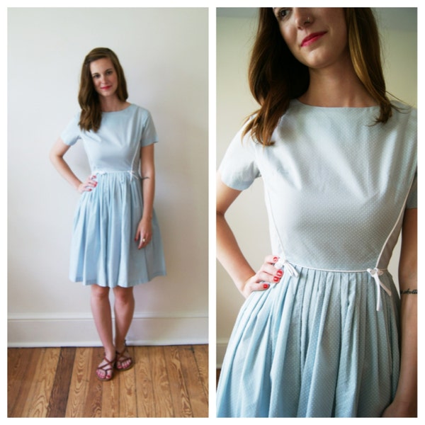 50s Dress. Vintage Blue Swiss Dot Frock. 1950s Summer Dress. Extra small / Small.