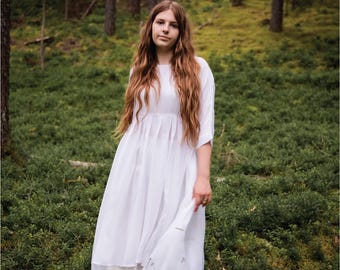 Classic White Pure Silk Long Dress&Skirt Set, Elegant Oversized Maternity Style, size-M.
