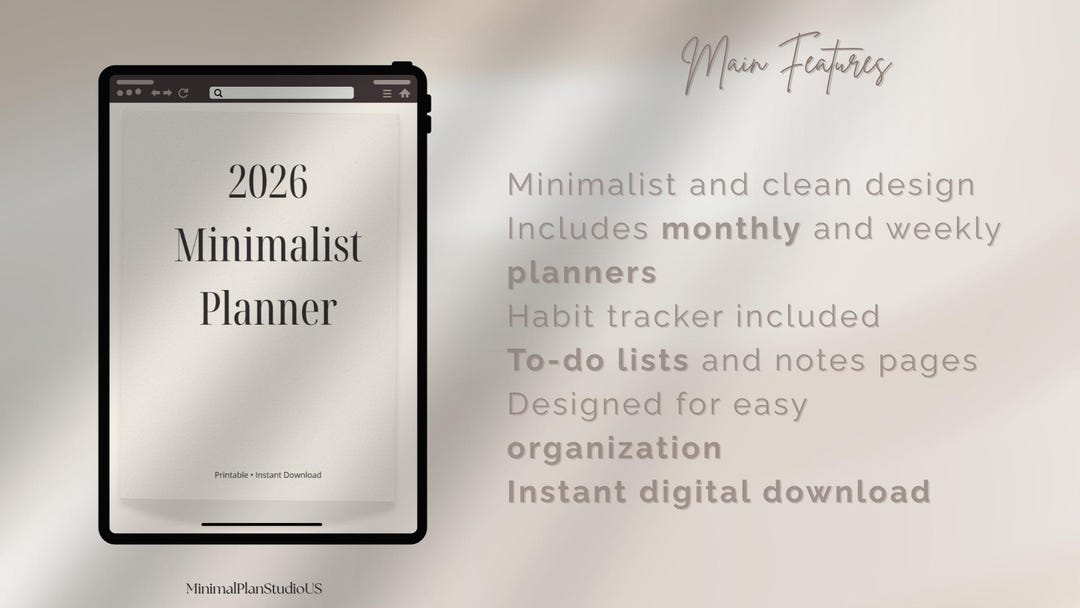 Minimalist 2026 Planner Printable PDF, Weekly Monthly Planner, Habit ...