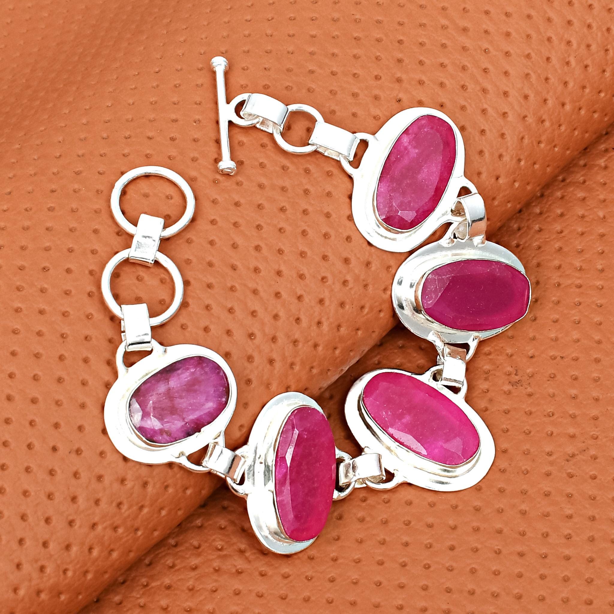 Gefacetteerde robijn ovale edelsteen sterlingzilver boho armband sieraden