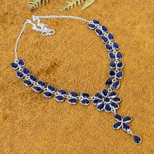 Collar con cadena de amatista morada y plata de ley, collar floral llamativo, joyería de diseño para mujer, regalo para ella.