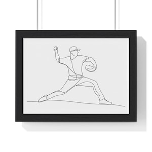May include: Framed black and white line art print of a baseball pitcher in action. The artwork depicts a pitcher in mid-throw, with a baseball in hand, wearing a cap and uniform. The minimalist design is set against a white background.