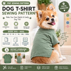 Pode incluir: Um molde de costura em PDF para camiseta de cachorro com o texto "DOG T-SHIRT SEWING PATTERN" e "SIZES XXS - XXXL". A imagem mostra um cão pequeno, peludo e castanho claro vestindo uma camiseta verde-oliva lisa, com ícones de impressão.