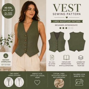 Op de afbeelding: Een digitaal naaipatroon voor een gevoerd gilet met V-hals, vier knopen aan de voorzijde en een getailleerde pasvorm. Het patroon is beschikbaar in de maten XS-5XL, voor borstomtrekken van 81 tot 140 cm, inclusief A0, A4 en US letter PDF-bestanden.