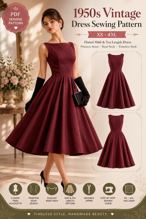 1950s Dress Sewing Pattern PDF | Vintage Flared Dress Pattern XS to 4XL | Audrey Hepburn Style | Boat Neck Princess Seam