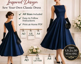 Vintage 1950s Dress Sewing Pattern PDF | Flared Midi & Tea Length Dress XS-4XL |Princess Seam Boat Neck Dress Pattern | Retro Sewing Pattern