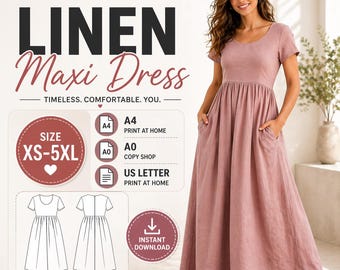 Linen Maxi Dress Sewing Pattern | Empire Waist, Pockets (Digital Download)