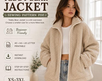 Teddy Bear Jacket Sewing Pattern PDF, Oversized Sherpa Fleece Coat Pattern XS-3XL, Women's Zip Up Collar Jacket, Easy Beginner Digital pdf