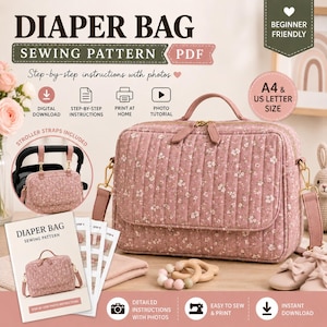 Puede incluir: Un patrón de costura PDF digital para un bolso de pañales acolchado de color rosa con estampado floral blanco. El patrón incluye instrucciones paso a paso, tutoriales fotográficos y está formateado para papel A4 y US Letter.