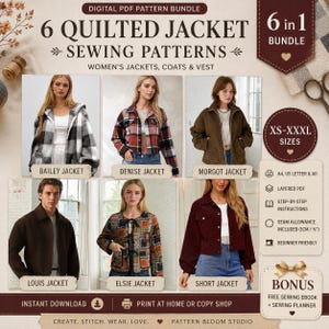 Könnte beinhalten: Ein digitales PDF-Schnittmuster-Paket für sechs gesteppte Jacken, Mäntel und Westen. Enthält die Modelle Bailey, Denise, Morgot, Louis, Elsie und Short in den Größen XS-XXXL. Formate A4, US Letter und A0 mit Schritt-für-Schritt-Anleitungen.