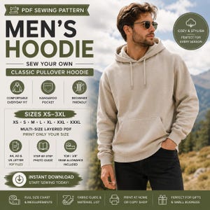 Könnte beinhalten: Ein beigefarbener Kapuzenpullover mit Kordelzug und einer Kängurutasche vorne. Das Bild enthält den Text: PDF SEWING PATTERN, MEN'S HOODIE, SEW YOUR OWN, CLASSIC PULLOVER HOODIE, SIZES XS-3XL, MULTI-SIZE LAYERED PDF, PRINT ONLY YOUR SIZE.