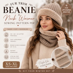Fur Trim Beanie & Neck Warmer Sewing Pattern PDF, Winter Cap Cowl Set XS-XL, Knit Fleece Hat Pattern, Easy Beginner Sewing, Instant download
