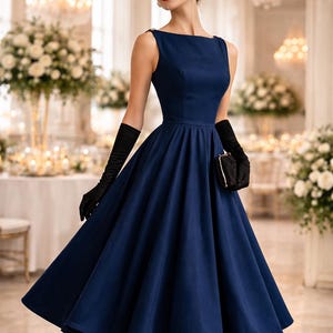 navy blue audrey hepburn dress Women Vintage Dresses 1950S Dark Navy Two Tone Belted Long Sleeve V Neck  Midi Dress
