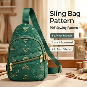 May include: A green sling bag with a geometric pattern and gold zippers. The bag has a long strap and is labeled "Sling Bag Pattern" and "PDF Sewing Pattern". Additional text includes "Beginner Friendly", "Instant Download", and "A0 • A4 • US Letter".