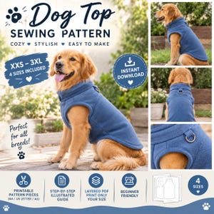Pode incluir: Um molde de costura digital para um colete de lã azul para cães, com o texto Dog Top Sewing Pattern, XXS-3XL e Instant Download. A imagem mostra um golden retriever vestindo o colete azul com um anel em D de metal, junto com ícones para peças de molde imprimíveis, guias ilustrados e arquivos PDF.