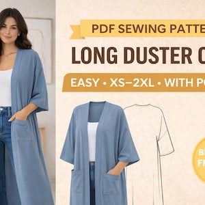 May include: A woman wearing a long, light blue duster coat with pockets, paired with jeans and a white top. The image also shows a PDF sewing pattern for the coat, with the text "Long Duster Coat" and "Easy - XS-2XL - With Pockets."