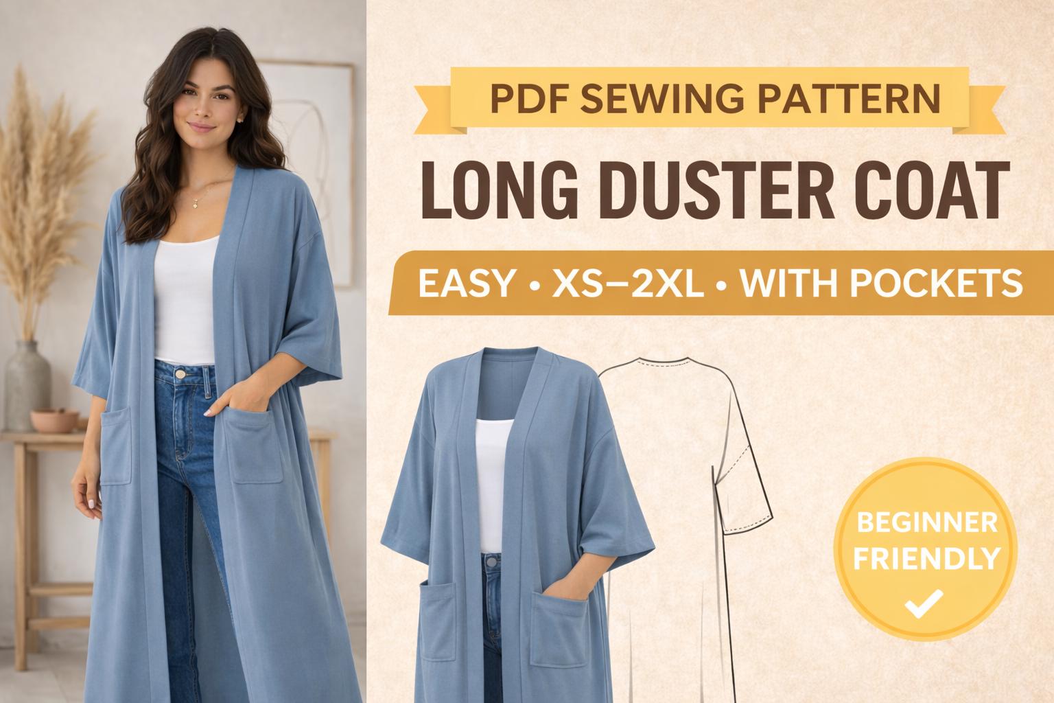 Long Duster Coat Sewing Pattern PDF, Kimono Jacket Pattern Women, Easy ...