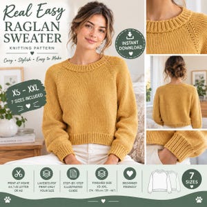 Può includere: Un modello di maglia digitale per un maglione raglan giallo senape con girocollo e polsini a coste. Il documento include il testo Real Easy RAGLAN SWEATER, XS-XXL 7 SIZES INCLUDED e INSTANT DOWNLOAD, con sette taglie dalla XS alla XXL.