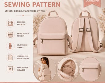Mini Backpack Sewing Pattern PDF, Boxy Backpack Pattern, Beginner Friendly Bag with Front Zipper Pocket, Adjustable Straps, Instant Download