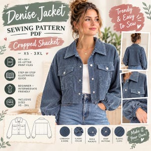 May include: A blue corduroy cropped shacket sewing pattern PDF featuring a classic collar, two front patch pockets, snap buttons, and elastic cuffs. The design includes sizes XS to 3XL, with illustrated guides and print files for A0, A4, and US letter paper.