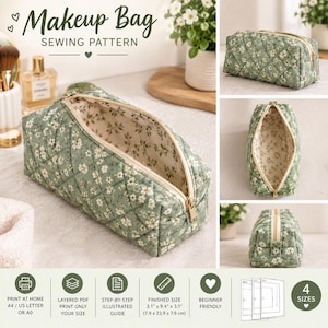 Könnte beinhalten: Ein Schnittmuster für eine gesteppte Kosmetiktasche aus salbeigrünem Stoff mit weißem Blumenmuster. Die Tasche ist rechteckig, hat einen beigen Reißverschluss und ein cremefarbenes Innenfutter. Die fertige Größe beträgt 7,9 cm x 23,9 cm x 7,9 cm.