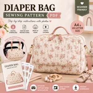 Diaper Bag Sewing Pattern PDF, Baby Bag Pattern with Stroller Straps, Beginner Sewing Pattern, Detachable Strap Nappy Bag, Digital Download
