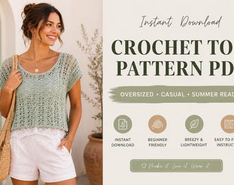 Crochet Top Pattern PDF, Oversized Summer Crochet Top, Beginner Crochet Pattern, Sizes S-4XL, Instant Download, Lace Crochet Shirt Pattern