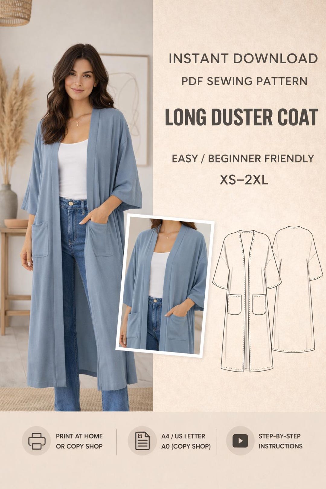 Long Duster Coat Sewing Pattern PDF, Kimono Jacket Pattern Women, Easy ...