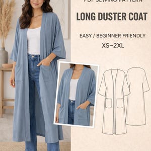May include: A woman wearing a long, light blue duster coat with pockets, paired with jeans and a white top. The image includes a smaller photo of the coat, line drawings, and text: "INSTANT DOWNLOAD PDF SEWING PATTERN LONG DUSTER COAT EASY / BEGINNER FRIENDLY XS-2XL".