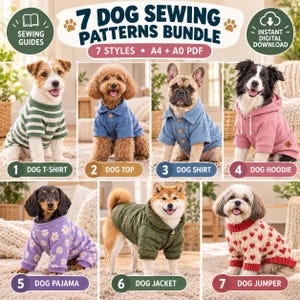 Può includere: Un pacchetto digitale di 7 cartamodelli per cani che include file PDF in formato A4 e A0. L'immagine mostra sette cani che indossano diversi capi: una t-shirt a righe verdi, una polo blu, una camicia blu con bottoni, una felpa rosa con cappuccio, un pigiama a fiori, una giacca verde e un maglione con motivo a cuori.