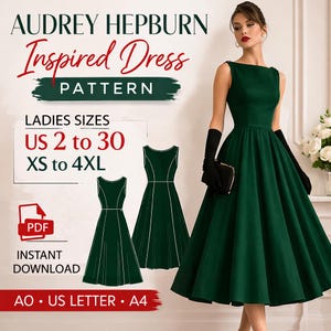Patrón de costura en PDF: Vestido inspirado en Audrey Hepburn / Patrón de vestido midi acampanado de los años 50 (tallas XS a 4XL) / Descarga instantánea / Vestido con costura princesa