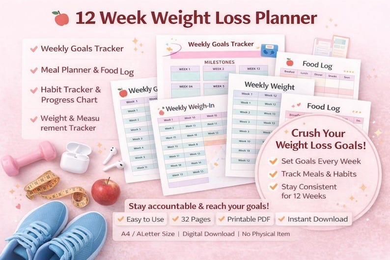 12 Week Weight Loss Planner | Printable Fitness & Meal Tracker ...