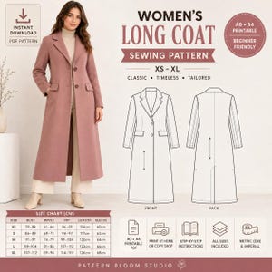 May include: A digital sewing pattern for a long coat, featuring a dusty rose coat with two buttons and flap pockets. The image includes a technical line drawing of the front and back of the coat, a size chart in centimetres, and text: WOMEN'S LONG COAT.